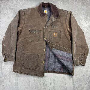 Vtg Carhartt Mens Blanket Lined Chore Coat Corduroy Collar Brown Canvas Jacket